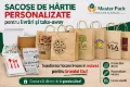 Sacoșe din hârtie personalizate (kraft/alb) cu mâner pentru retail și HoReCa